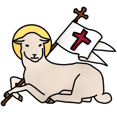 a lamb with a halo lying down, holding a white flag with a red cross on it with its front legs.